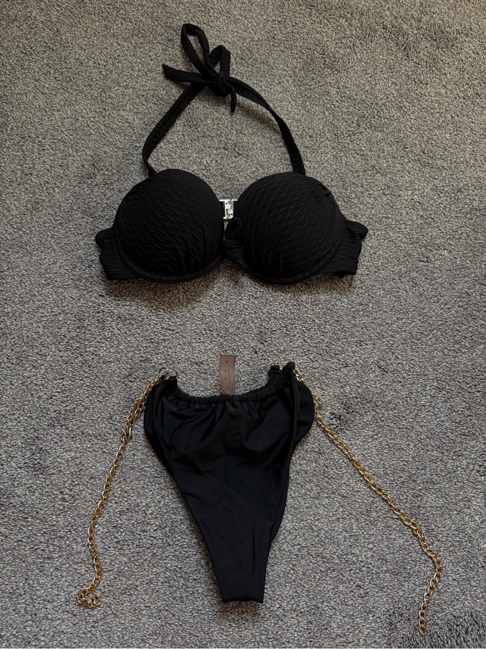 Black Women's Two-Piece Halter Bikini with Gold Chain Accents